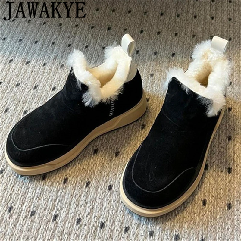 

2023 Winter Thick Sole Cow Suede Fur Snow Boots For Women Round Toe Warm Wool Booties Casual Flat Platform Short Botas Mujer