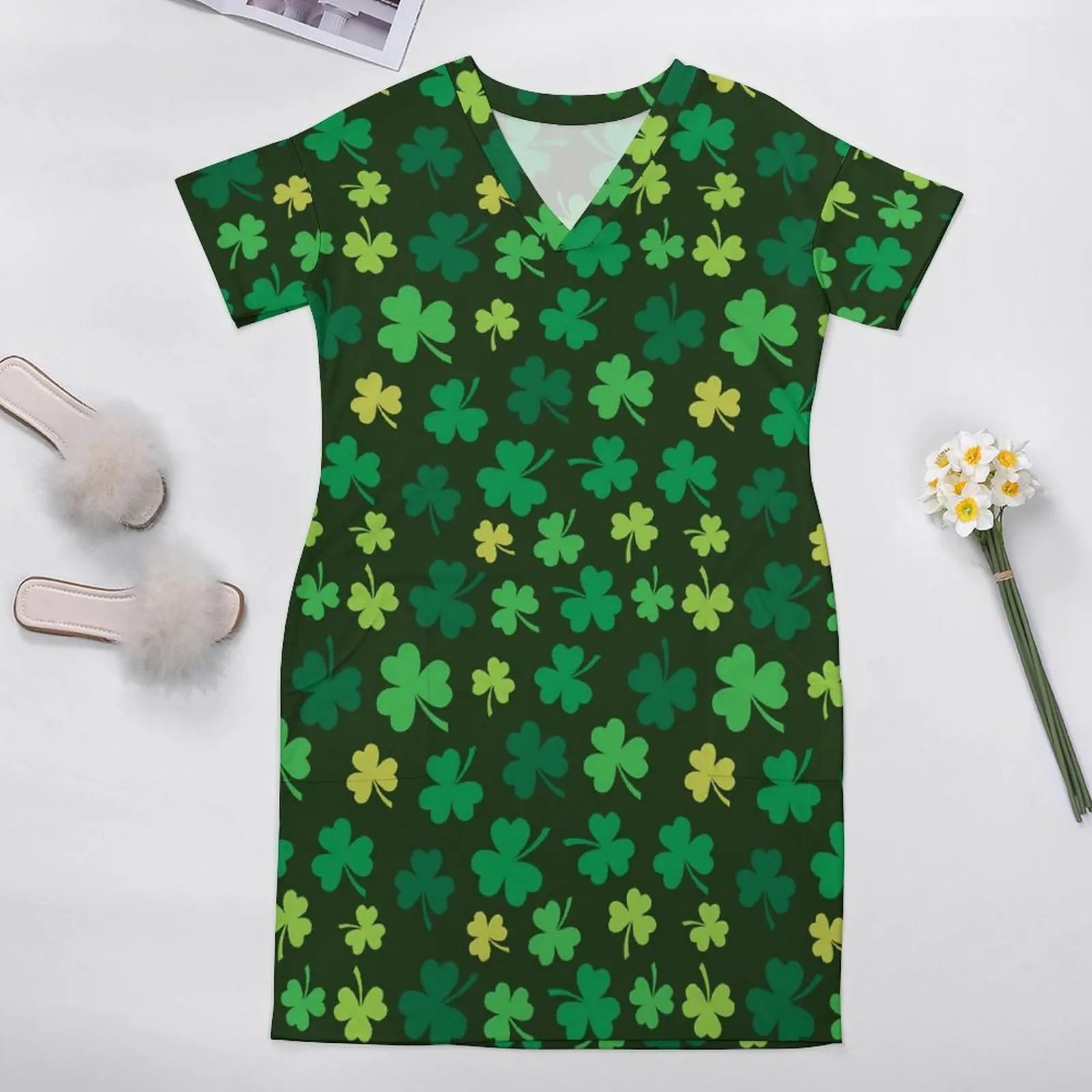 St Patricks Day Dress V Neck Green Shamrock Street Fashion Dresses Summer Cute Casual Dress Ladies Design Plus Size Vestidos