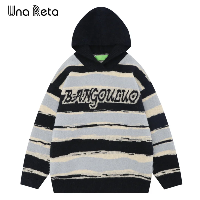 

Una Reta Men's Sweater Autumn Winter Streetwear Hip Hop Letter Jacquard Unisex Knitwears Pullover Tops Warm Hooded Sweaters
