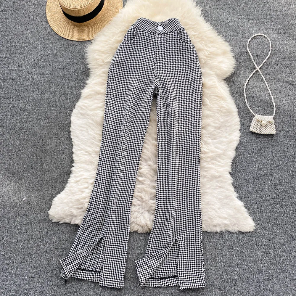 

Spring Summer High-waist Thin Houndstooth Pants Women Korean Fashion All-match Micro bell-bottomed Trousers Women