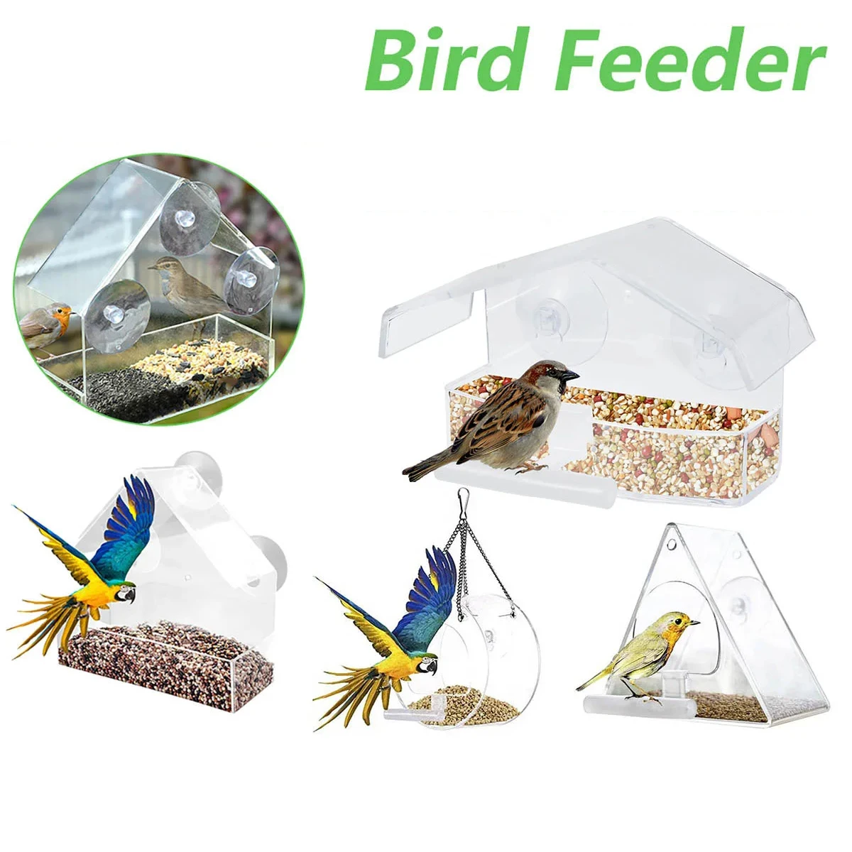 Acrylic Bird Feeder Window Hanging Clear Bird House Feeding Cage With Suction Cup for Home Window Garden Patio Feeder Tray