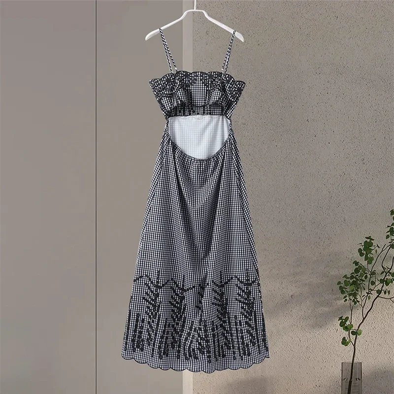 Vestido largo elegante con bordado calado para mujer, vestido largo sin mangas a cuadros, elegante, para primavera y verano, nuevo estilo urbano