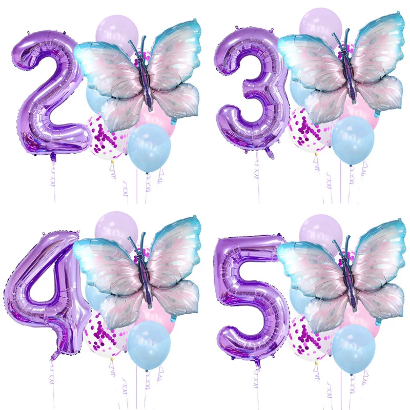

10Pcs Purple Butterfly Aluminum Film Balloon 32 Inch Digital Set Pearl Latex balloon Birthday Party Baby Shower Party Decoration