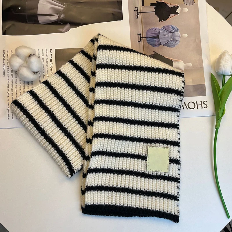 Winter Stripe Baby Scarf Korean Warm Knitted Neckerchief for Kids Boys Girls Classic Black White Stripe Children Neck Scarves