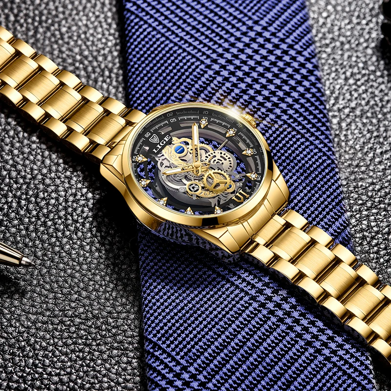 LIGE Gold Skeleton Retro Luxury Men's Wristwatch