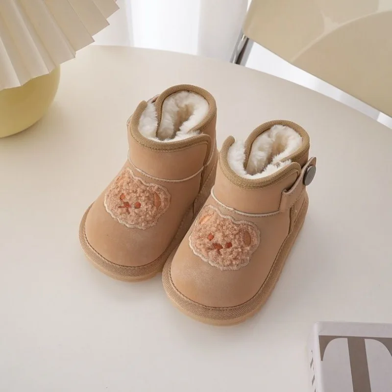 Korean Baby Boots Bear Plush Lining Warm Winter Shoes for Kids Buckle Strape Thicken Children Snow Boots for Girls Boys
