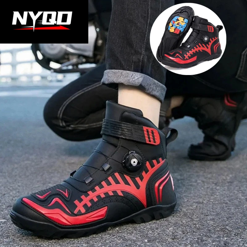 

Men Motorcycle Boots Black Leather Biker Shoes Motocross Boots Protective Gear Shift Rubber Sole Retro Motorbike Shoes Women