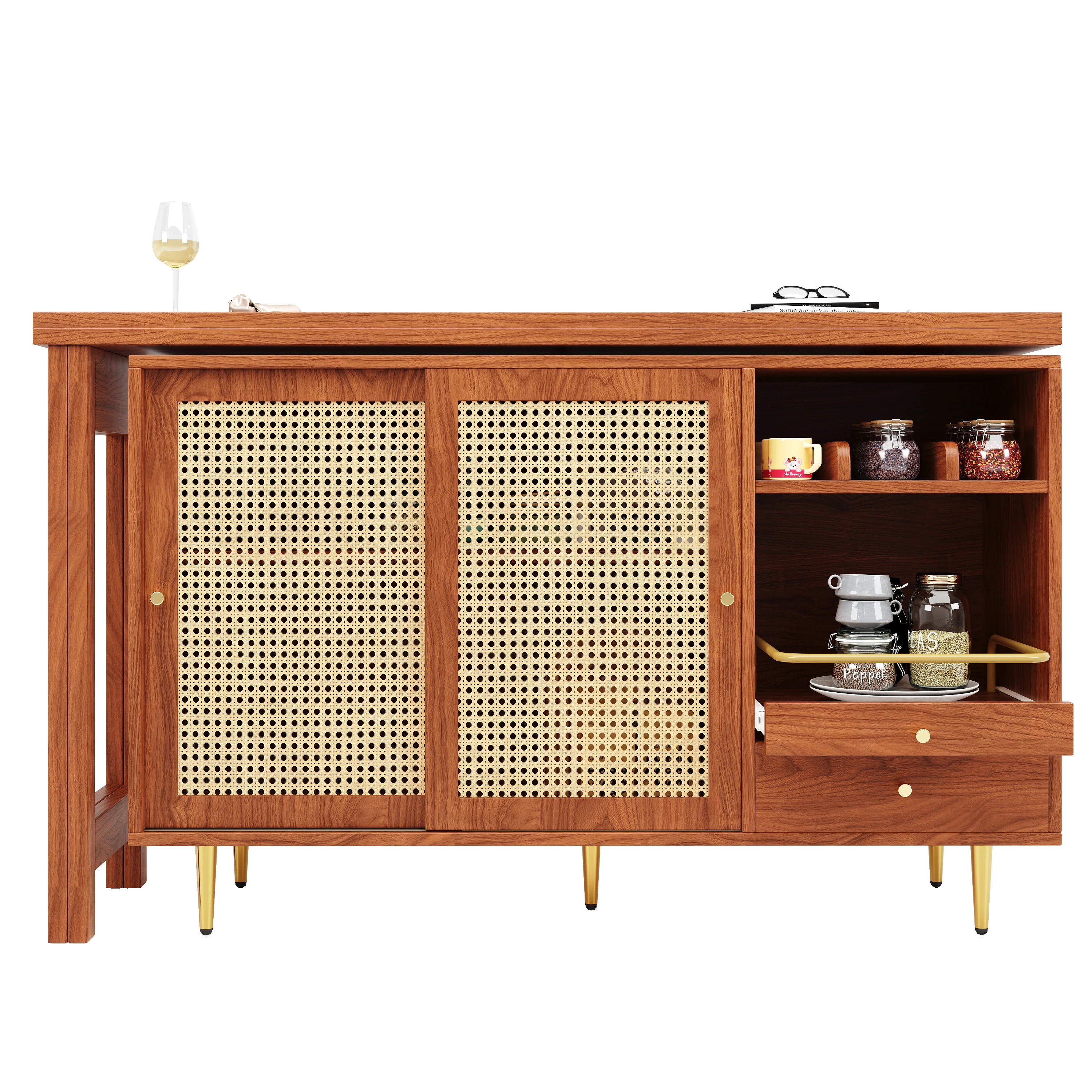 360 ° Drehbarer Bartisch (Hauptkörper: 107 x 40 x 71,4 cm), brauner Bartisch mit ausziehbarem Design, Aufbewahrungsschrank mit Rattantür – Detail 22
