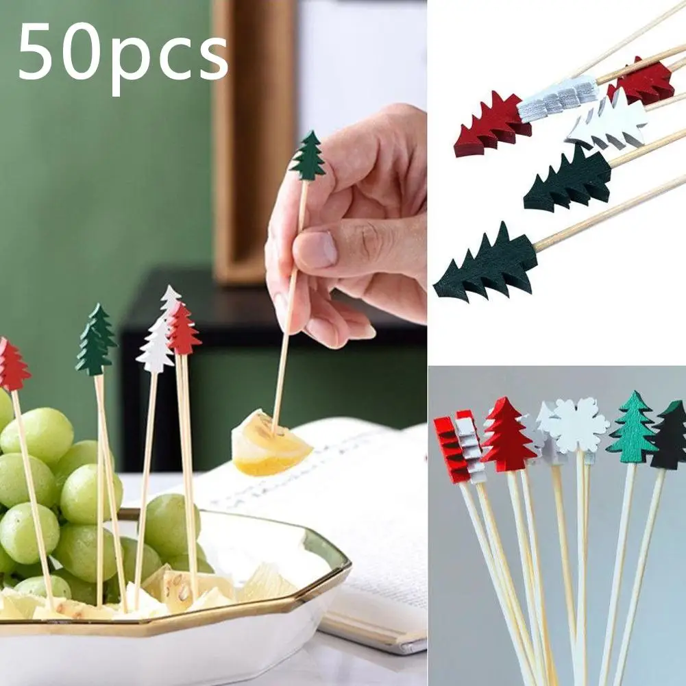 Description Picture 3 of item50pcs Christmas Bamboo Cocktail Picks Santa Claus Snowflake Tree Drink Fruit Dessert Food Toothpicks Christmas Party Decor 2024
