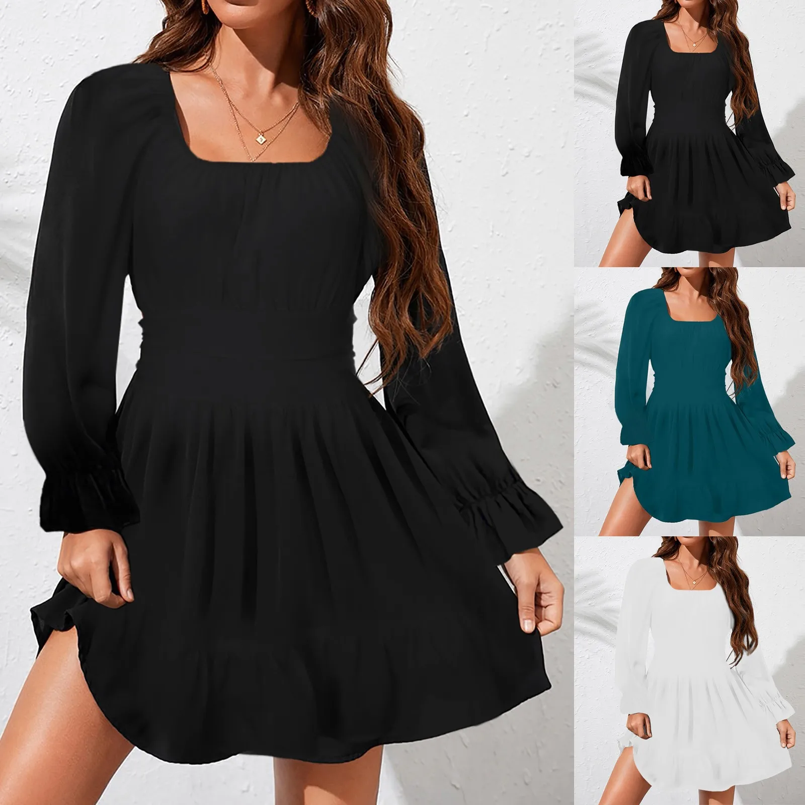 

2024 Summer Puff Sleeve Dress Women's Long Sleeve Square Neck Frilled Backless Slim Mid Length Chiffon Dress Vestidos