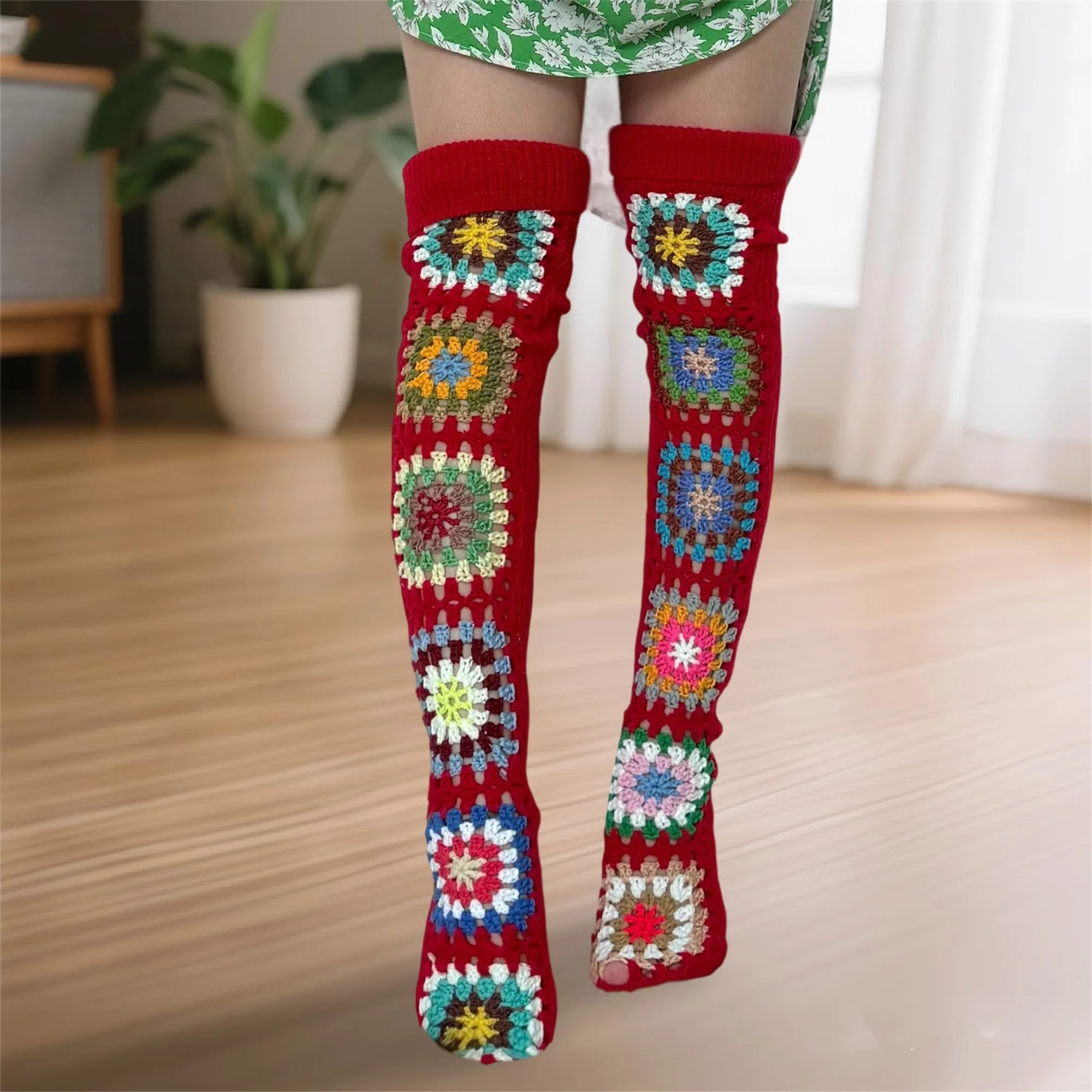 Handmade Crochet Knee High Socks with Floral Design Cozy Winter Leg Warmers for Women Fashion Accessories