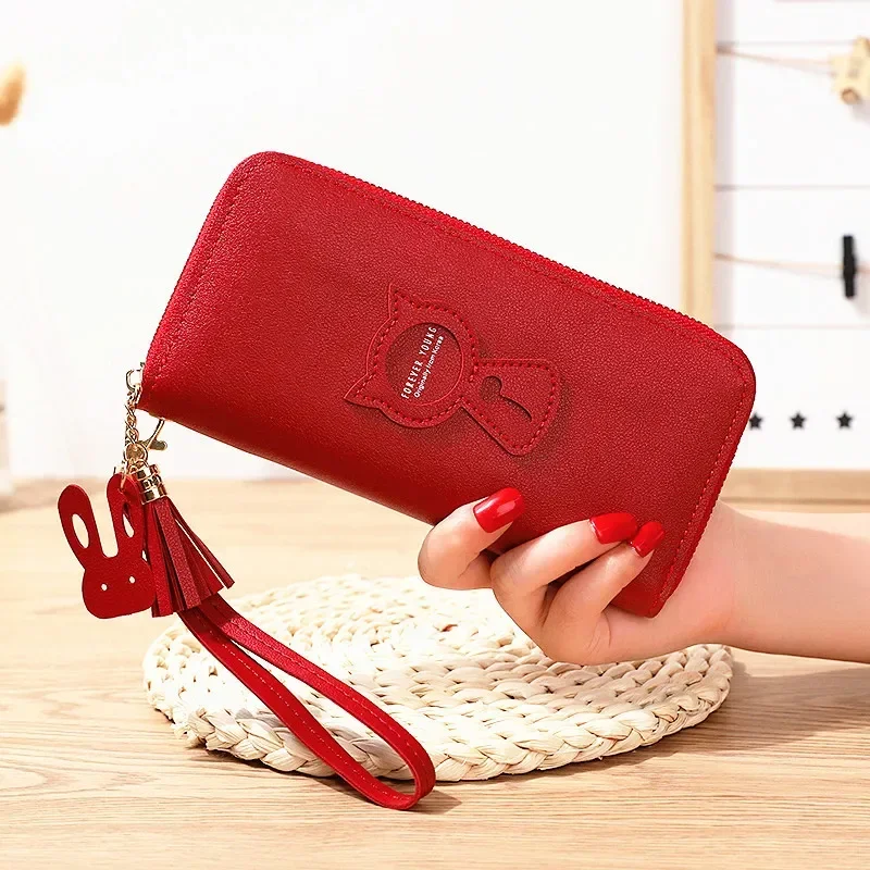 

Women Wallet PU Leather Card Holder Coin Purses Zipper Long Female Wallet Cute Cat Applique Cellphone Bag Lady New Fashion