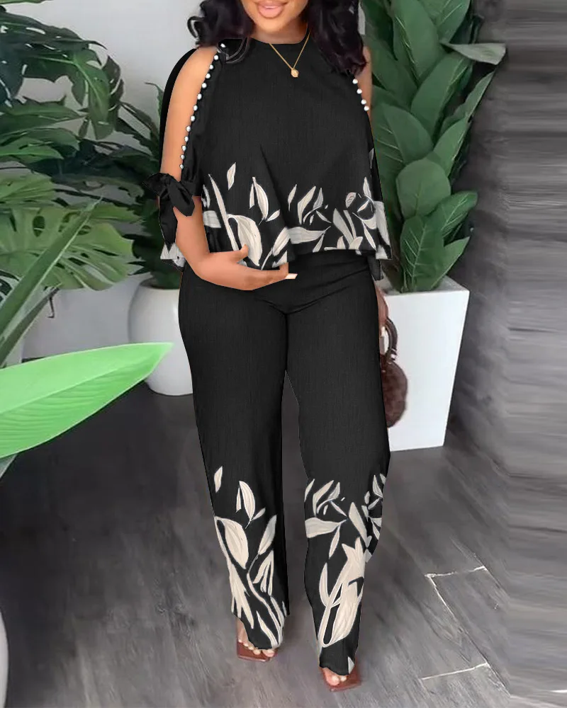 

Женский брючный костюм с принтом растений, элегантный комплект из двух предметов, топ из полиэстера с рукавом 2023 и круглым вырезом и прямые брюки, лето 2023
