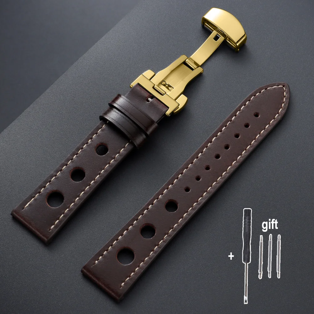 Vintage Brown and Black Oil Wax Cowhide Leather Watch Straps with Butterfly Buckle and Breathable Design