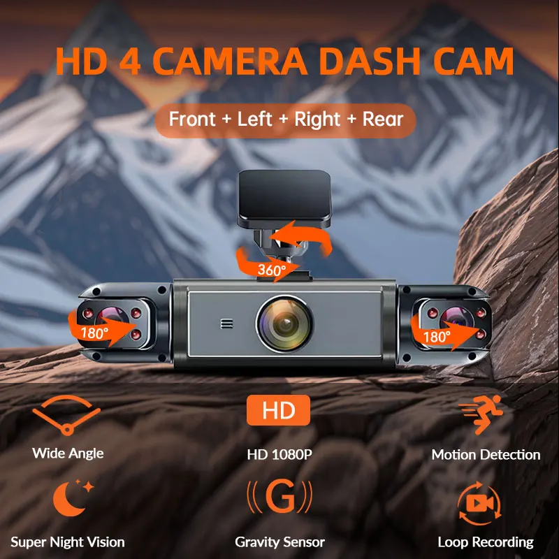 4-Channel 1080P Dash Camera Front Rear Left Right Camera Night Vision Adjustable Lens DVR with 64GB Card for Vehicle Safety