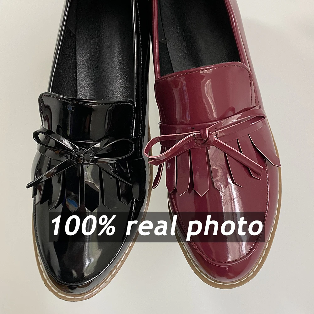 Plus Size 41 42 43 Oxford Shoes for Women Patent Leather Shoes Woman Bowknot Slip on Women Flats Tassels Ladies Leather