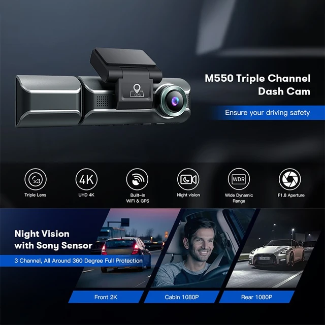 3 Channel 4K Dash Cam for Cars, 4K+2.5K Front and Rear Cabin