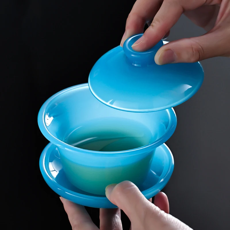 Chinese Tea Bowl Ice Blue Jade Porcelain Gaiwan Glass Coloured Glaze Large Capacity Kungfu Gawian Tea Set for Cha Hai