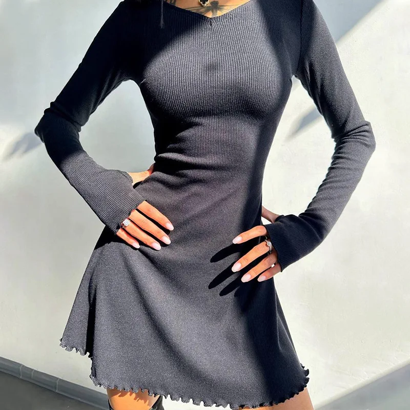 Bandage Ruffled High Waist Mini Dress For Women Long Sleeve Fashion Lace-Up Solid Patchwork Autumn 2025 Bodycon Dress New