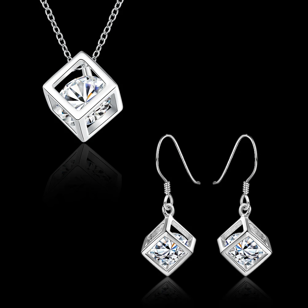 925 Sterling Silver Fine crystal lattice Pendant necklace earrings for woman Jewelry sets Fashion Party wedding