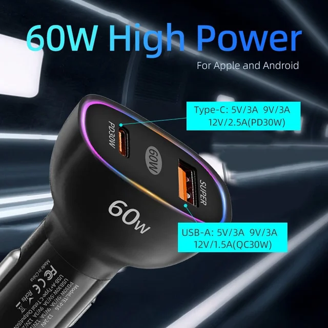 60W Fast Charging Car Charger Dual Port USB Type-C PD30W QC3.0 Power Adapter 12-30V Car Charger Suitable For Phones Headphones 2