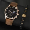 2PCS Men'sFashion Classic Mens Watches Versatile Trend Business Calendar Belt Quartz Watch Alloy Lion Bracelet 5