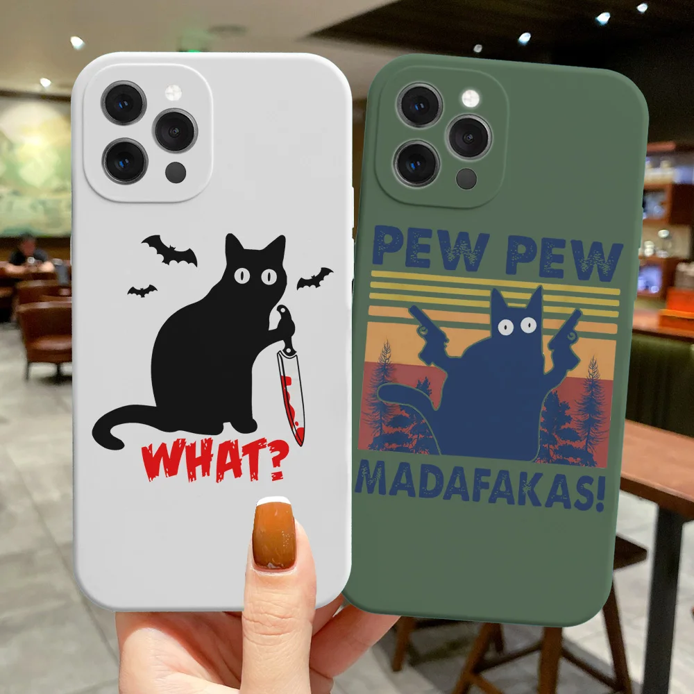 

Funny Black Cat What Phone Case For iPhone 11 12 13 14 15 Pro Max Mini X XS Max XR Cartoon Candy Silicone Cover Bumper Fundas