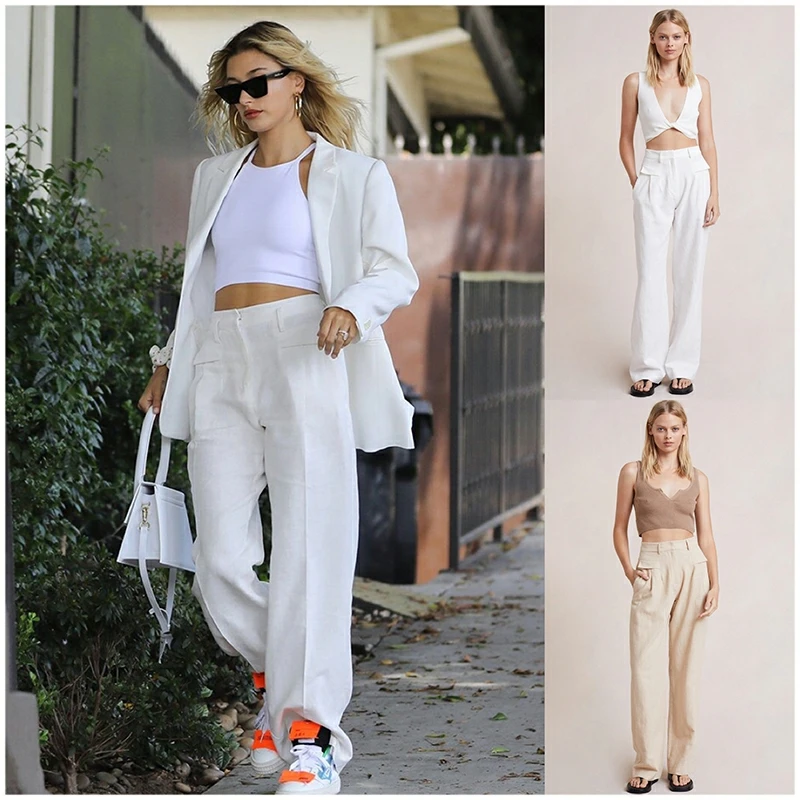 Women Straight Long Pants All-Match Loose Solid Color High Waist with Pockets Ladies Zipper Fly Pants Summer New 2022 plus size capris