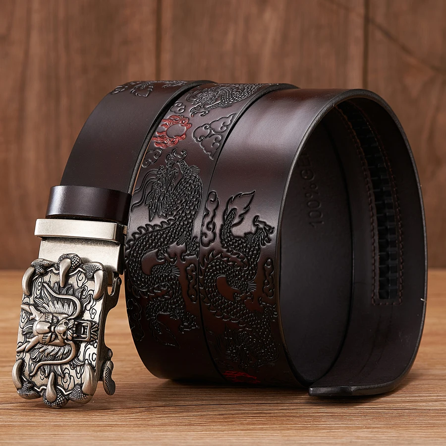 Men Belt Genuine Leather New High Quality Cowhide Handmade Men Waistbands Chinese Dragon Pressed Straps Male Designer Belts