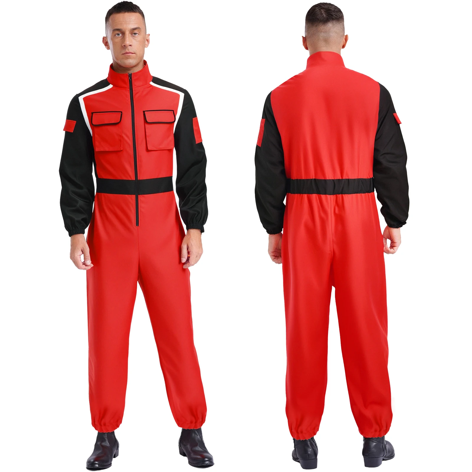 Mens Firefighter Fireman Cosplay Outfits Halloween Costume Racing Driver Rompers Long Sleeve Long Pants Pockets Jumpsuit