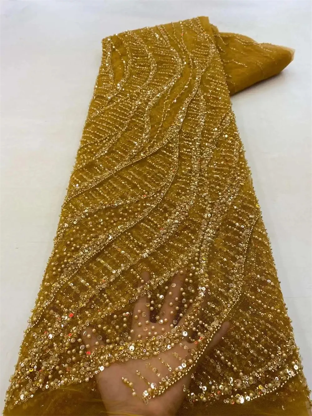 African Sequins Beaded Lace Fabric Sequence Embroidery French Nigerian Lace Fabric 1 Yards For Wedding Dress lace fabric,african wax fabric