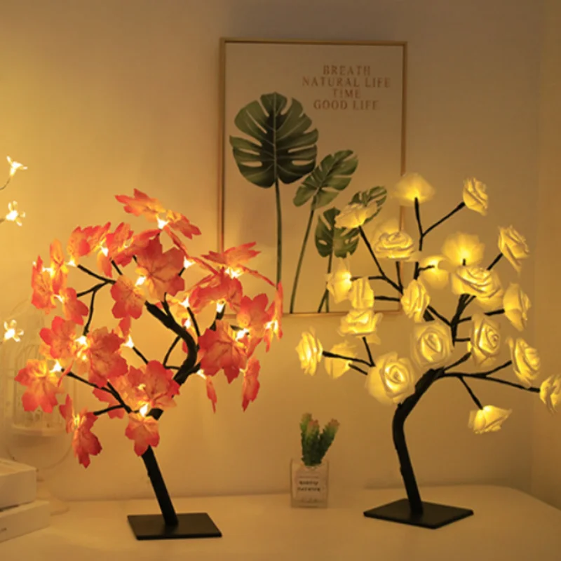 24 LED USB 단풍잎 요정 조명 꽃나무 테이블 램프 장미 무드등 결혼식 파티 가을 할로윈 장식 선물