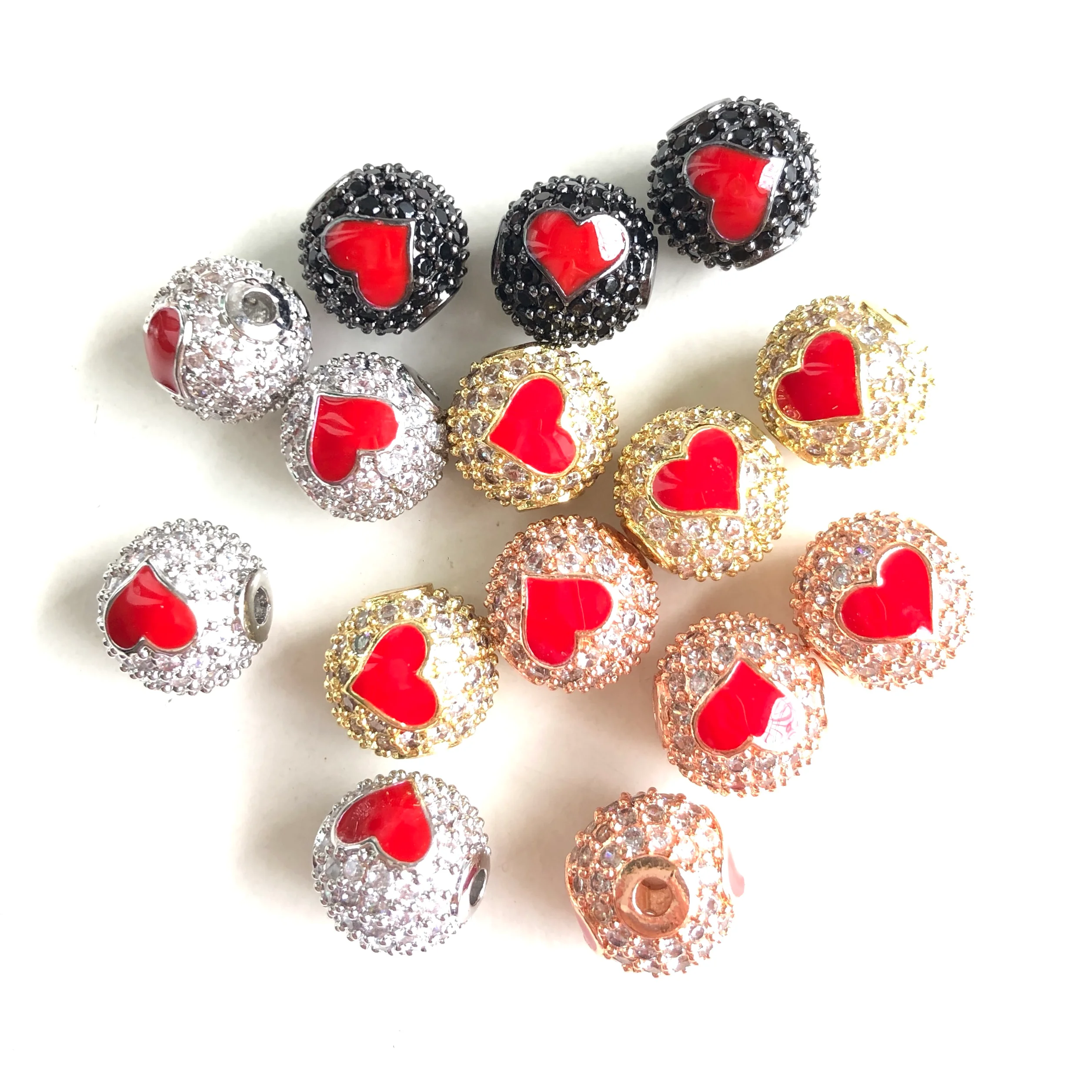 10pcs/Lot 10mm Enamel Red Heart Zirconia Paved Ball Spacers Beads for Women Bracelet Necklace Waist Jewelry Making Accessories