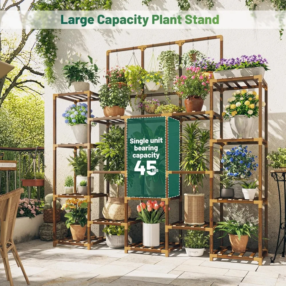 Large Wooden Plant Rack, 4-Tier, 63.1 "High, Indoor, Outdoor, Capable, Indoors, 22 Pots 2