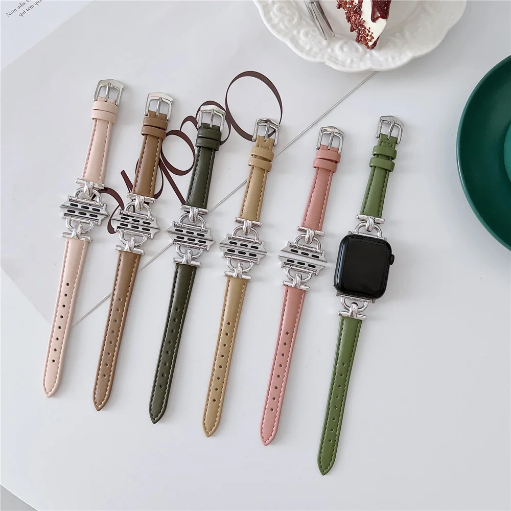 

Slim Waist Plain Texture Cowhide Leather+Steel Watchbands for Iwatch Ultra 8 749mm 45mm Fashion Lady Watch Strap for Appe Watch