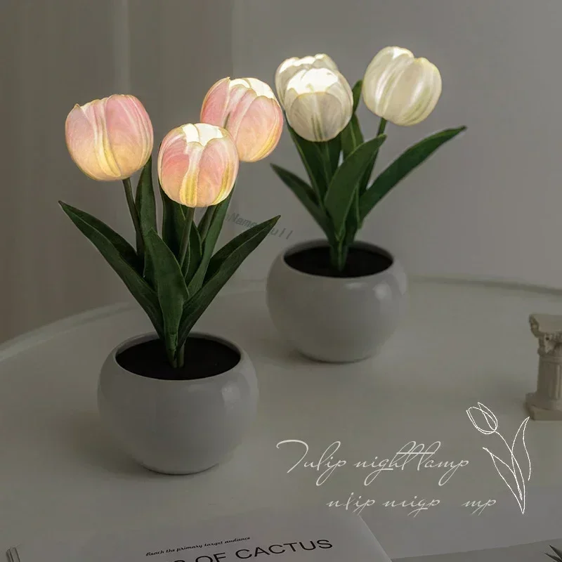 

LED Tulip Night Light Simulation Flower Table Lamp Home Decoration Atmosphere Lamp Romantic Potted Gift for Office/Room/Bar/Cafe