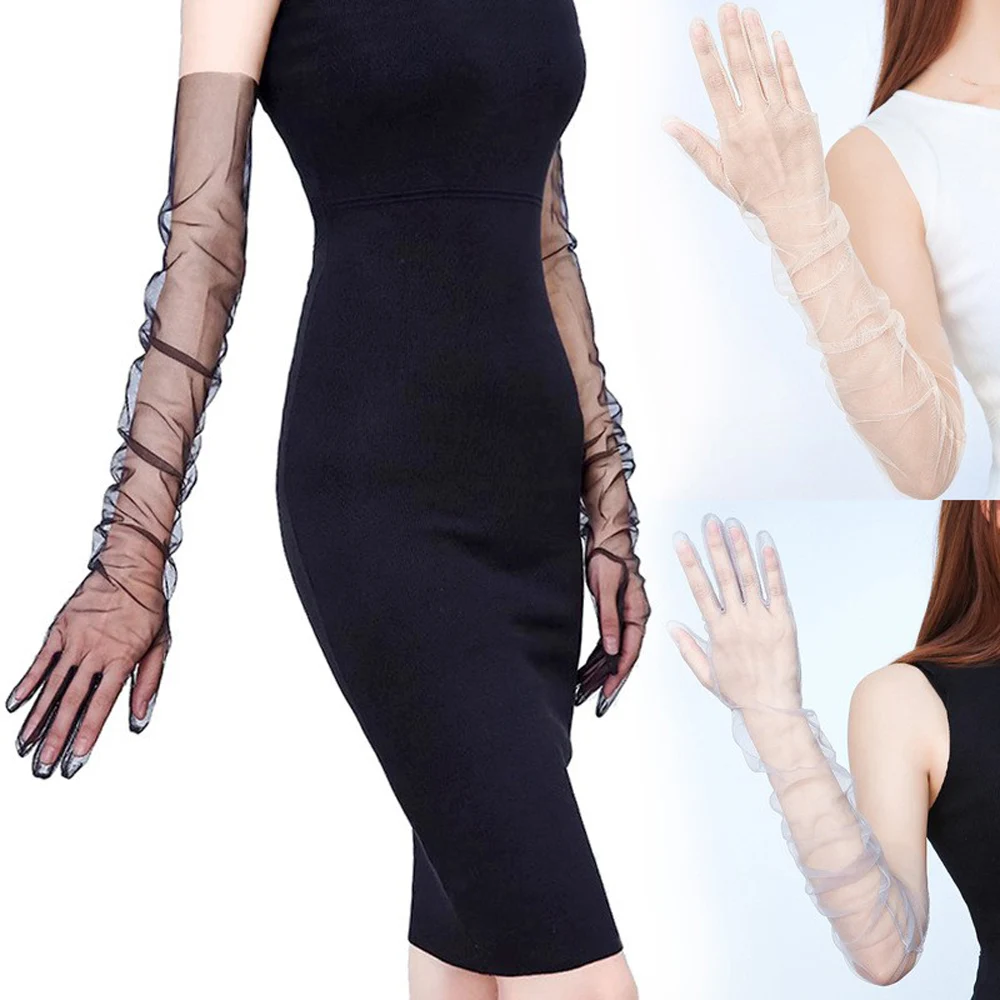ZUYPSK Lange handschoenen voor bruid met volledige vingers voor bruiloft, armwarmers van transparante tule bal accessoires, elegante party cocktail, rood (rode wijn), Eén maat
