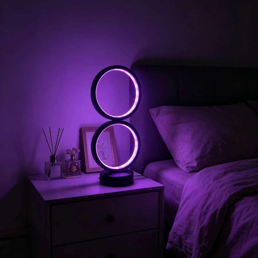 1PC RGB 이중 원형 LED 테이블 램프, 리모컨으로 색상 변경 가능한 무드등, 파티 게임룸용 모던 나이트스탠드 램프