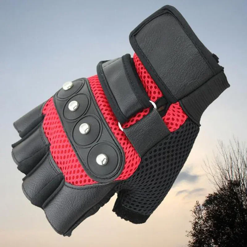 Men's Half Finger Leather Fitness Gloves Bike Sport Gloves Gym Exercise Men Black Rivets Punk Gloves 2