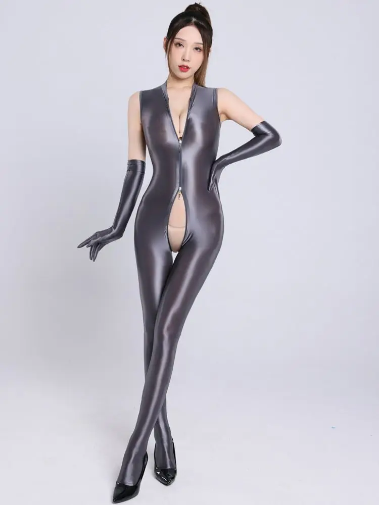 Sleeveless Glossy Shiny Pantyhose Bodystocking Double Zipper Open