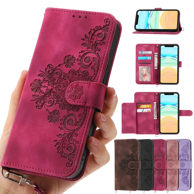 Leather Magnetic Phone Case with Floral Flip Wallet Design