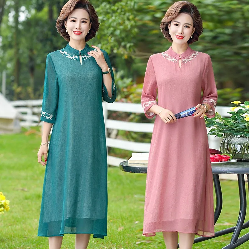 

Floral Embroidery Vintage Loose Chinese Style Dress Women Summer Cheongsam collar Half sleeve Chiffon Dresses Female Vestidos
