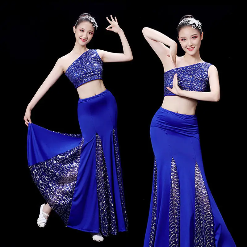 Dai Dance Performance Costume Peacock Dance Dress Ethnic Minority Sequin Fish Tail Skirt Yunnan Folk Costume Blue Dress