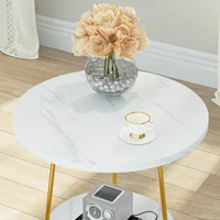 Tribesigns Table d'appoint ronde en faux marbre à 2 niveaux avec étagères Petite table d'appoint basse pour salon, blanc et or 4