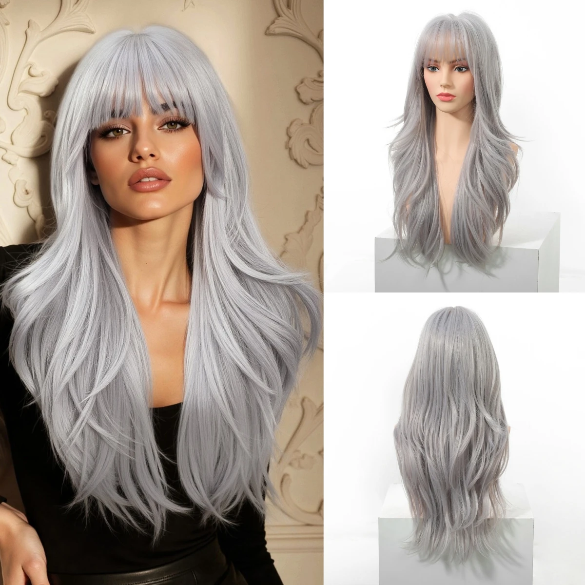 Allbell Magique Long Body Wavy Wigs For Women Daily Party Cosplay Ash Gray Synthetic Wigs With Bangs Heat Resistant Fake Hair