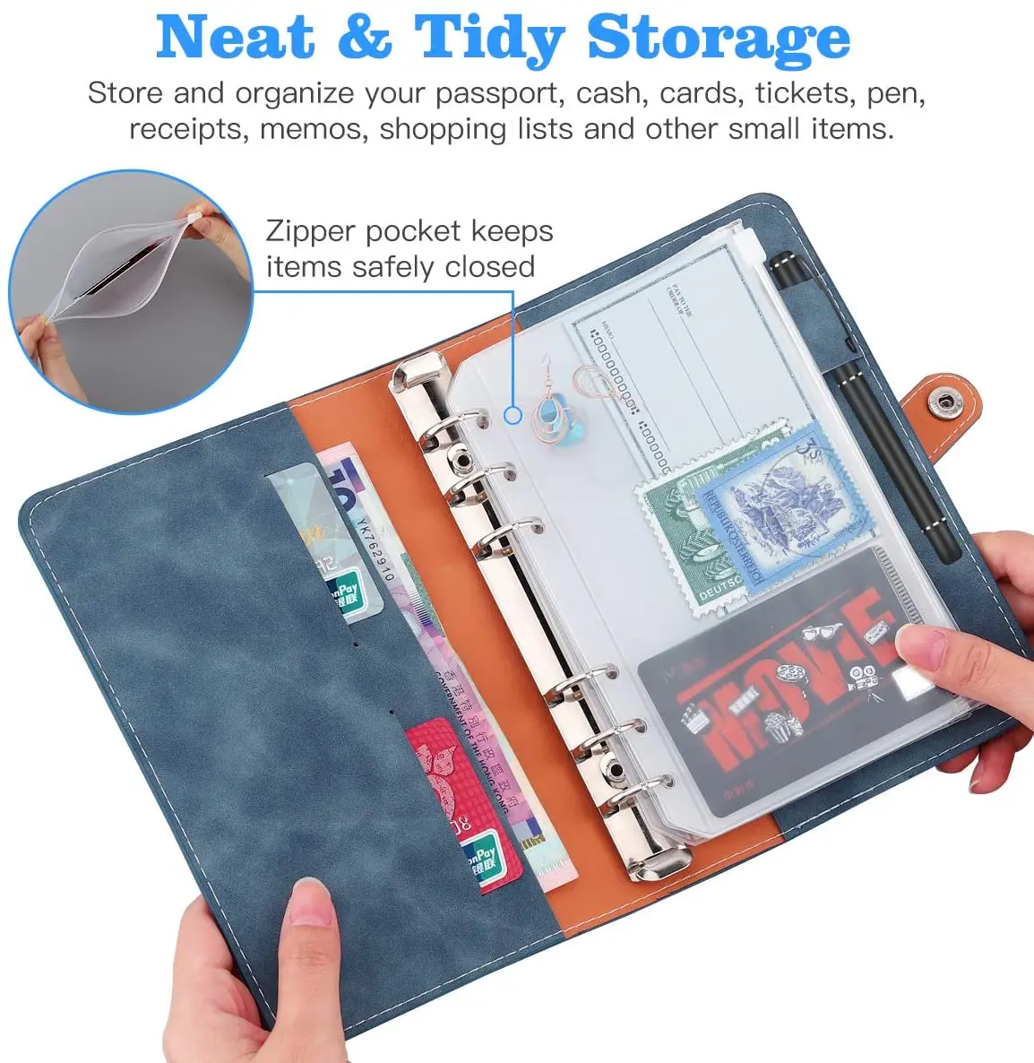 A6 PU Leather Binder Budget Planner Refillable 6 Round Rings Binder Cover Notebook Folder 12 PCS Clear Plastic Envelopes