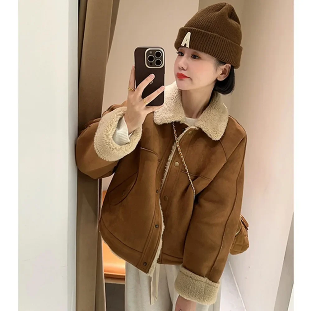 Fashion Sherpa Thick Warm Jackets for Women Faux Shearling Cropped Coat Vintage Long Sleeve Front Pocket Girl Outerwear Chic Top