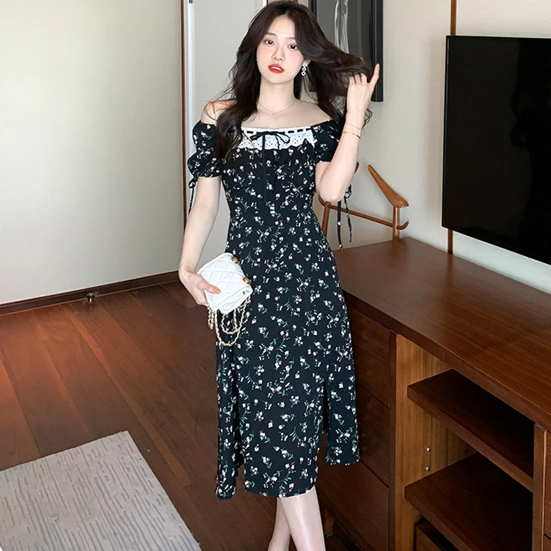 

2023 Summer New Women's Dress with Square Neck and Floral Temperament Shows Thin And Split Waist Free Shipping