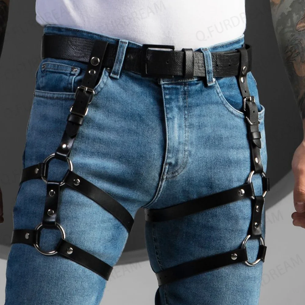 Sexy Leather Leg Harness Man Punk Style Thigh Harness Fetish Bondage Lingerie Waist To Leg Rave Festival Clothes Accessories leather chest harness