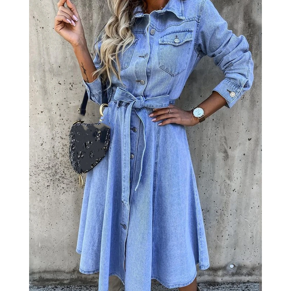 

Women Casual Buttoned Pocket Design Denim Shirt Dress Female Long Sleeve Midi Turn-down Collar Belted Dresses Elegant Outfits